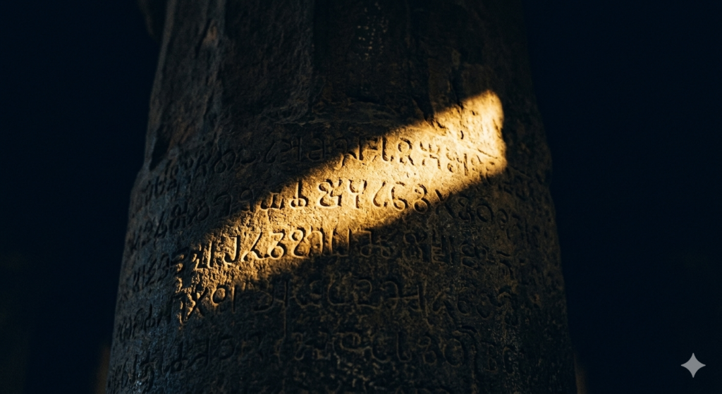 “From Conquest to Conscience: The Ashoka Shift” "A dramatic close-up of an ancient Ashokan stone pillar, with sunlight highlighting the weathered inscriptions, symbolizing the shift from imperial conquest to ethical governance."