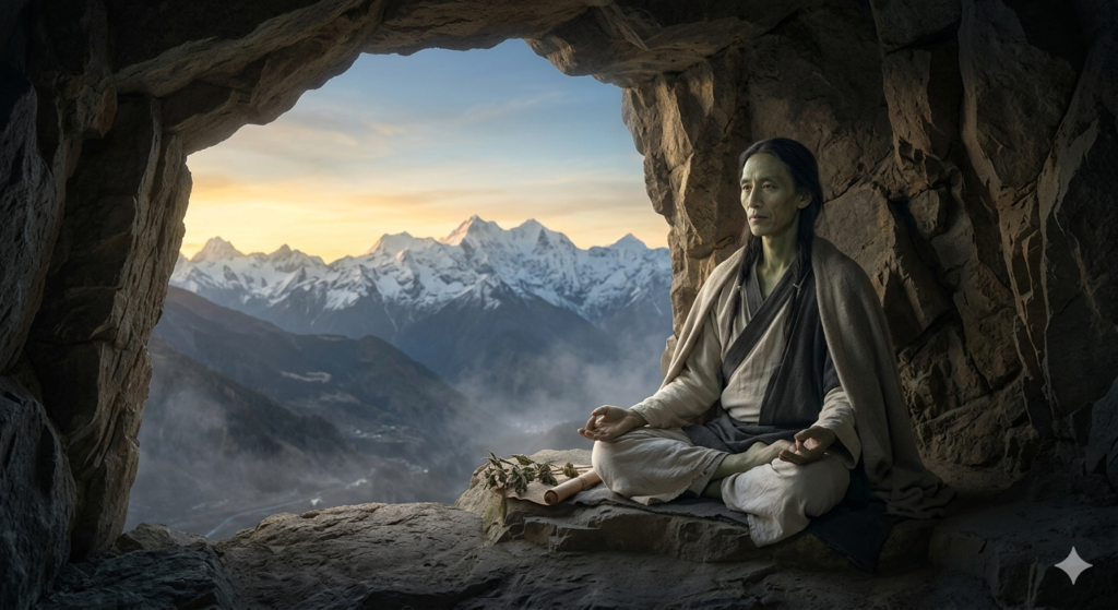 Milarepa Story: The Untold Journey from Dark Magic to Enlightenment | polivana 

A serene illustration depicting Milarepa, the Tibetan yogi, meditating in a mountain cave with a faint green hue on his skin, overlooking a majestic Himalayan landscape.